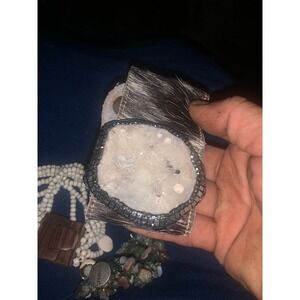 Western Cowhide Hair on Hide Cuff Bracelet Raw Druzy Quartz Geode Stone Brown